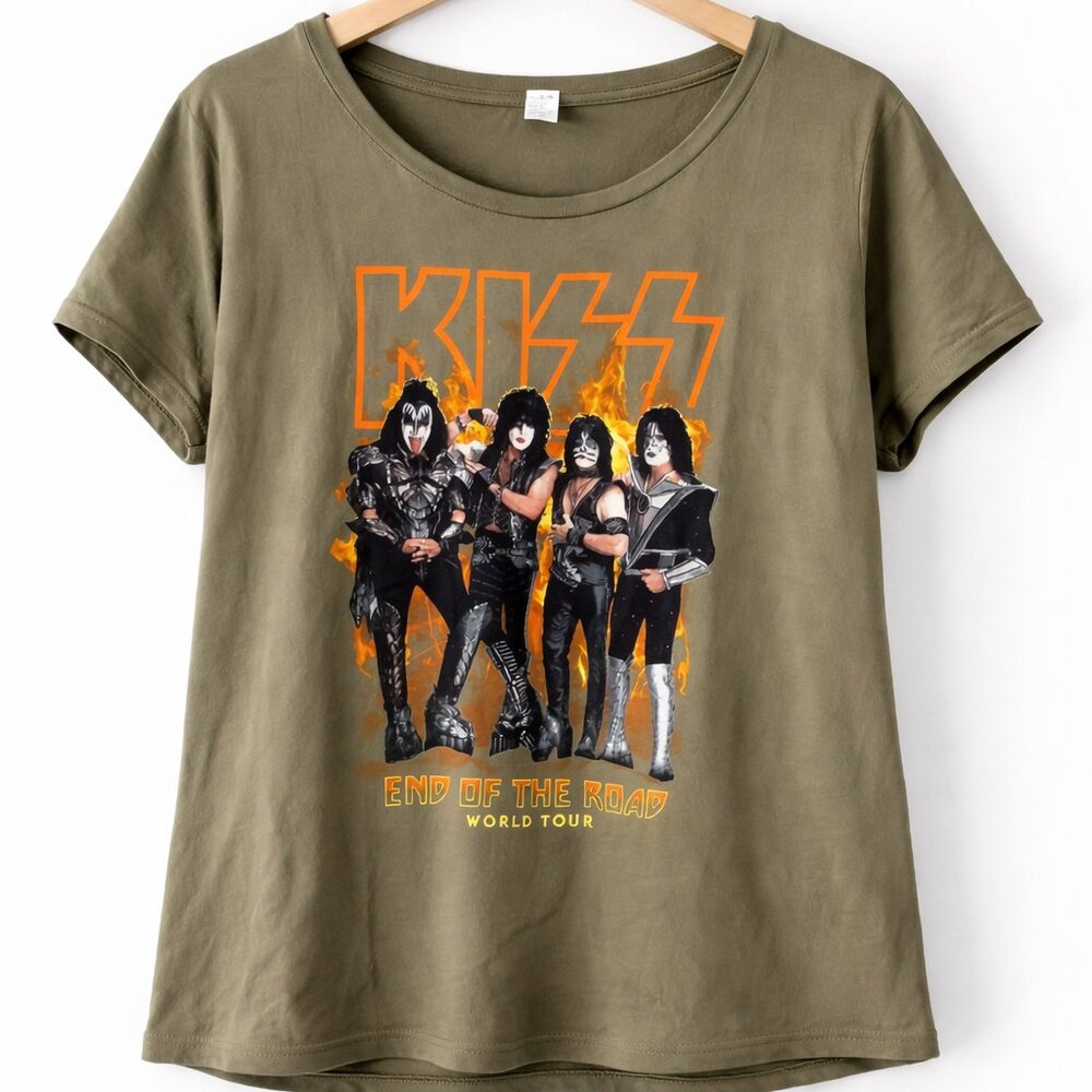 KISS Band T-Shirt Medium End of the Road Tour Graphic Olive Green Rock Tee